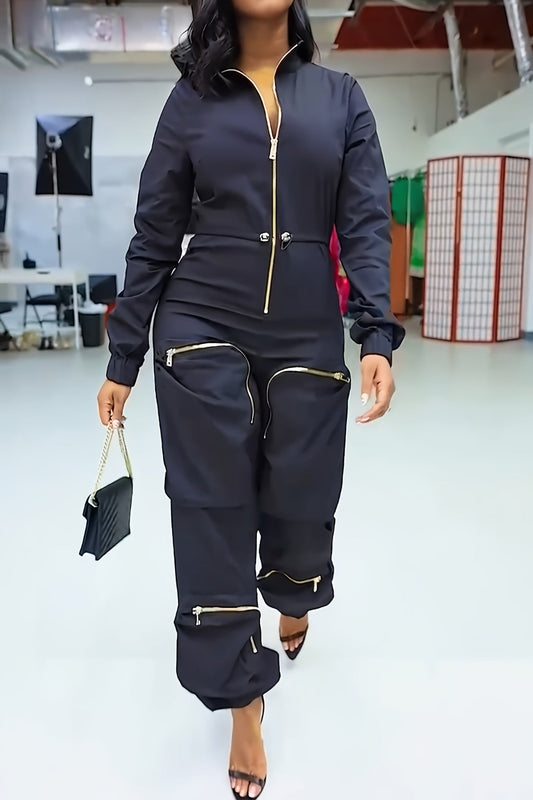 Gold-Zipper Utility Jumpsuit with Pockets – Sleek One-Piece Statement Outfit
