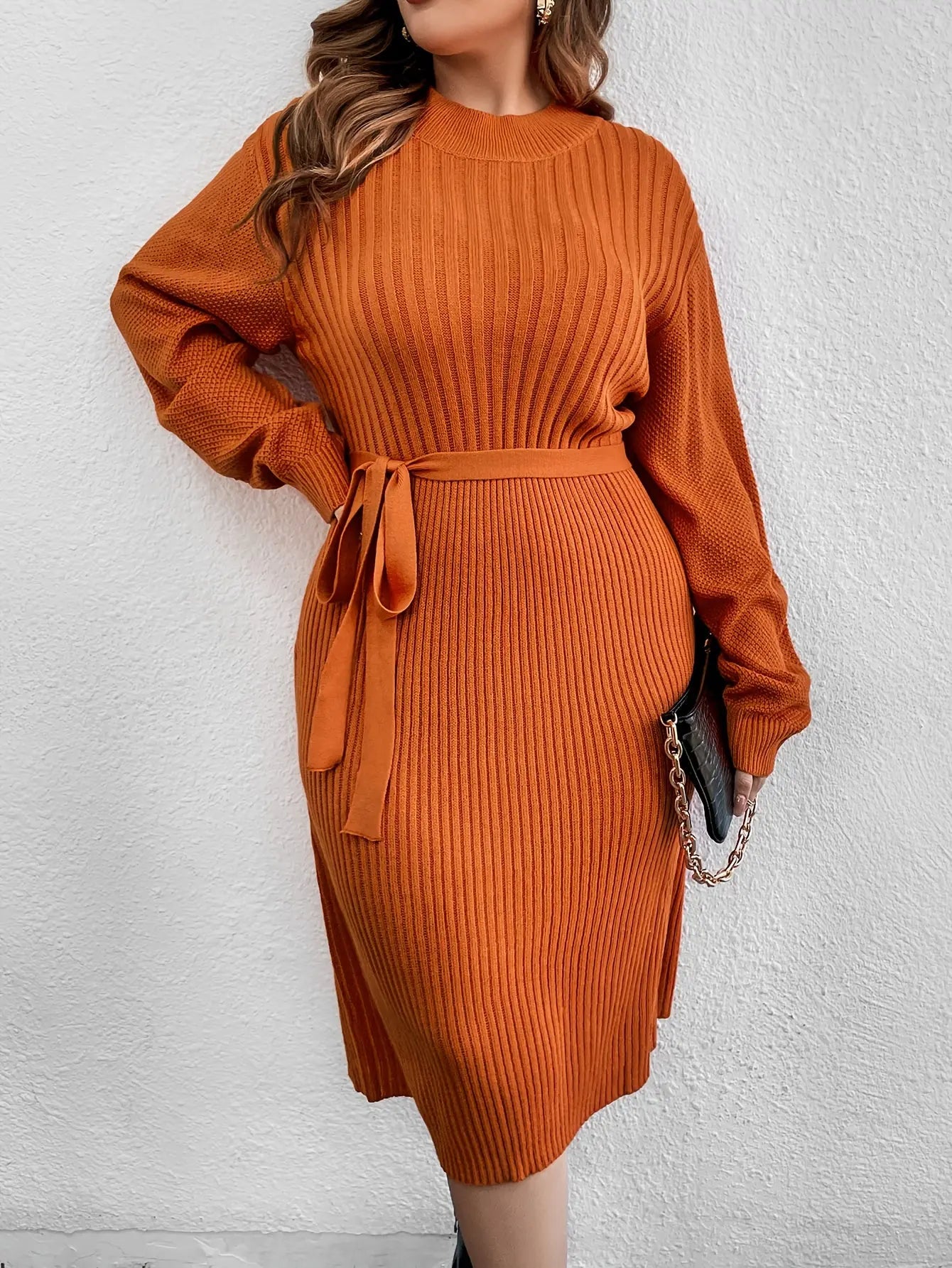 Elegant Autumn/Winter Long Sleeve Dress - Ribbed Texture, Waist Tie, Flattering A-Line Silhouette. Toshe Womens Fashion