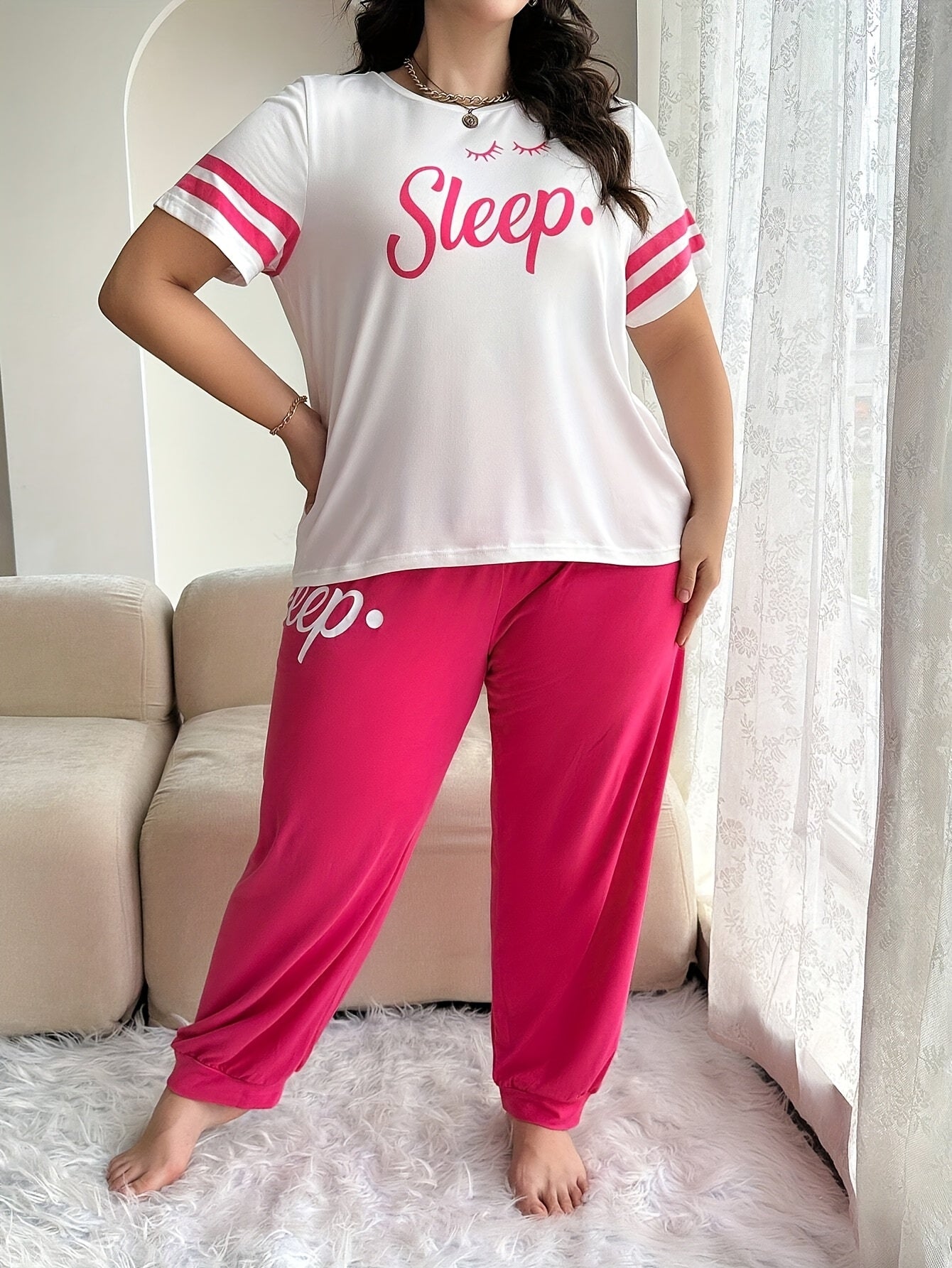 “Sleep” Graphic Striped Top & Drawstring Pajama Set – Soft Two-Piece Loungewear