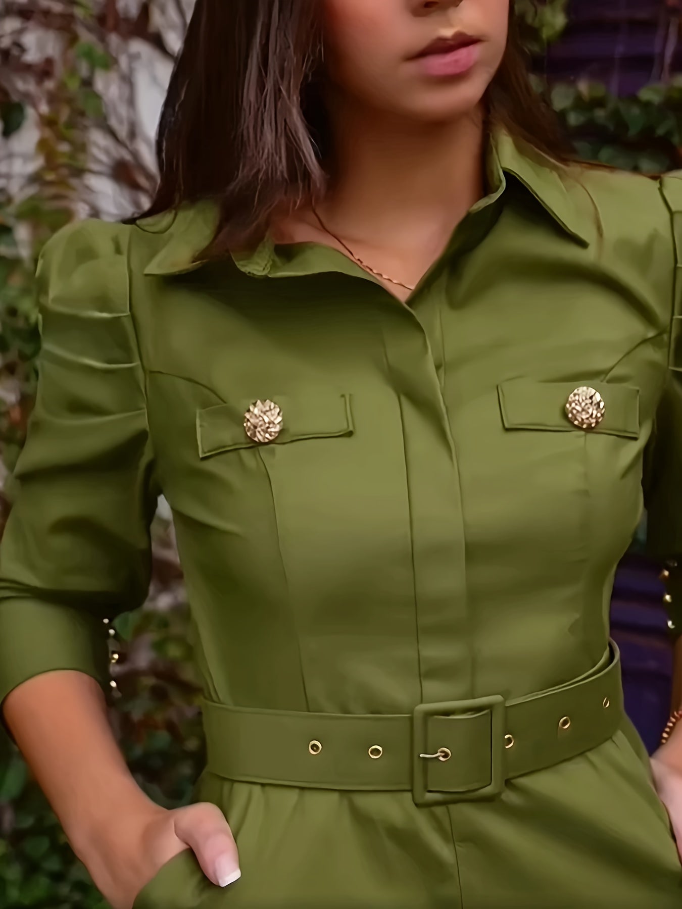 Green Gold Button Accent with Side Zipper Belted Dress