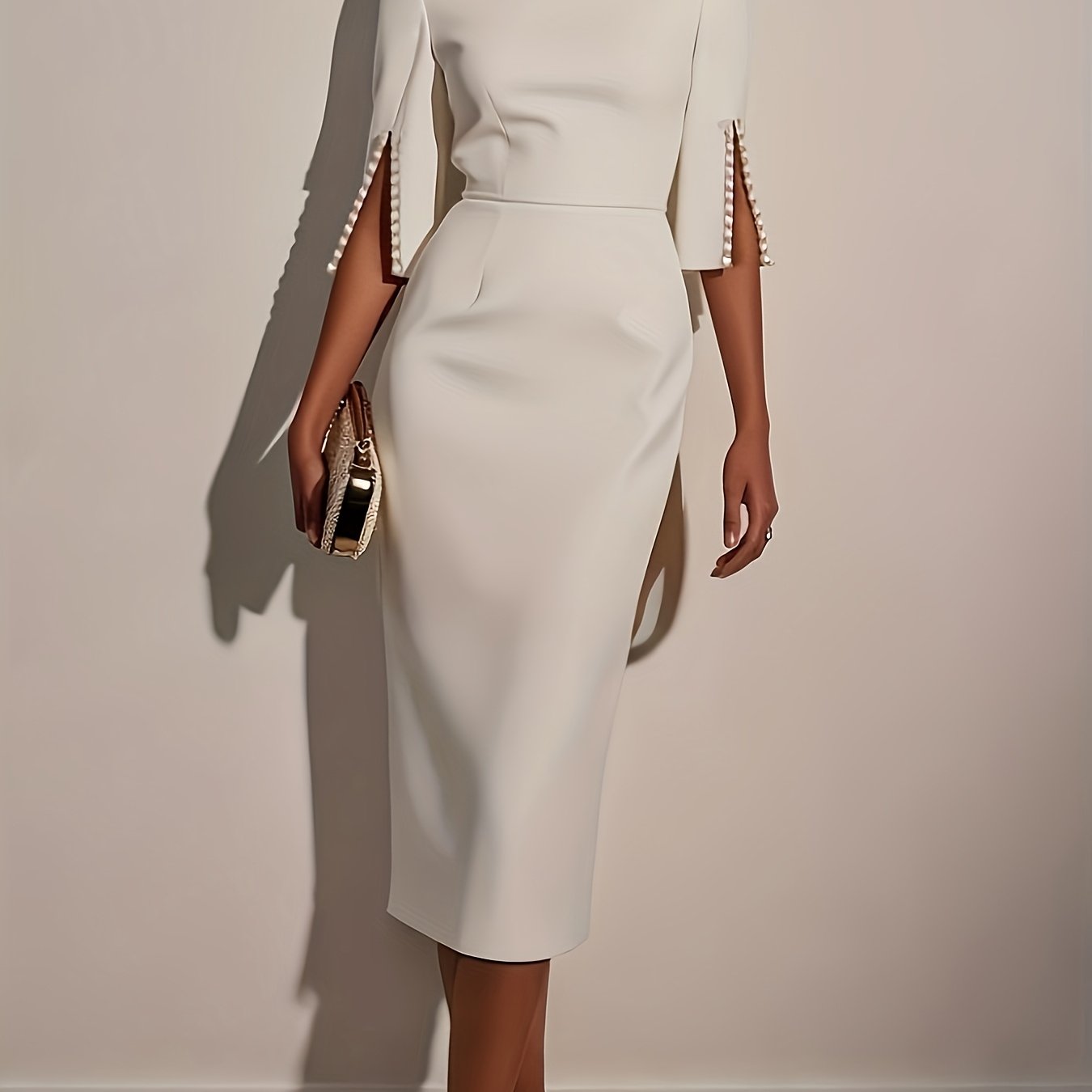 White Pearl Accented Evening Dress – Elegant Half-Sleeve Cocktail & Formal Dress