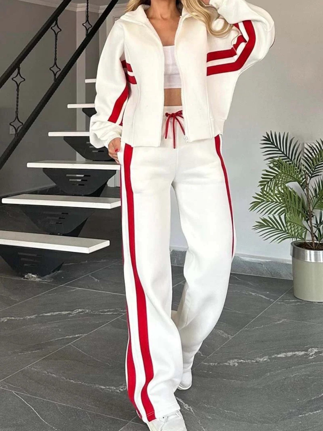 Striped Zipper Jacket and Pants Set