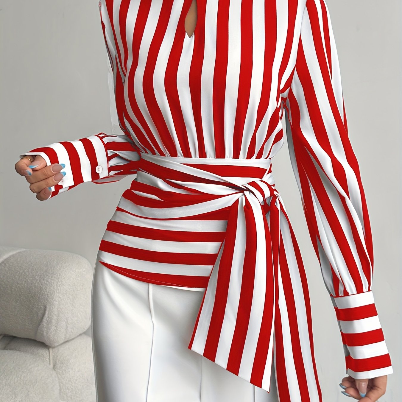 Elegant High-Neck Stripe Blouse – Adjustable Waist Tie, Long Sleeves & Smooth Fabric