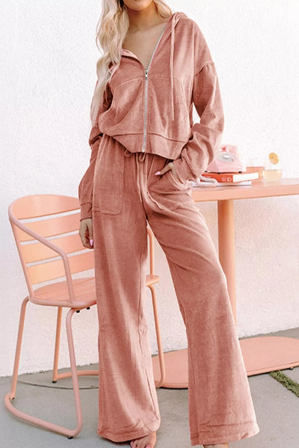 Trendsi zip-up hooded top and matching dropped shoulder pants set in soft fabric, shown on a mannequin.