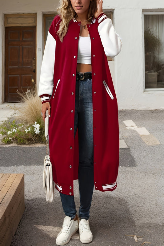 College Style Color Block Jacket – Gold Button Varsity Blazer for Women
