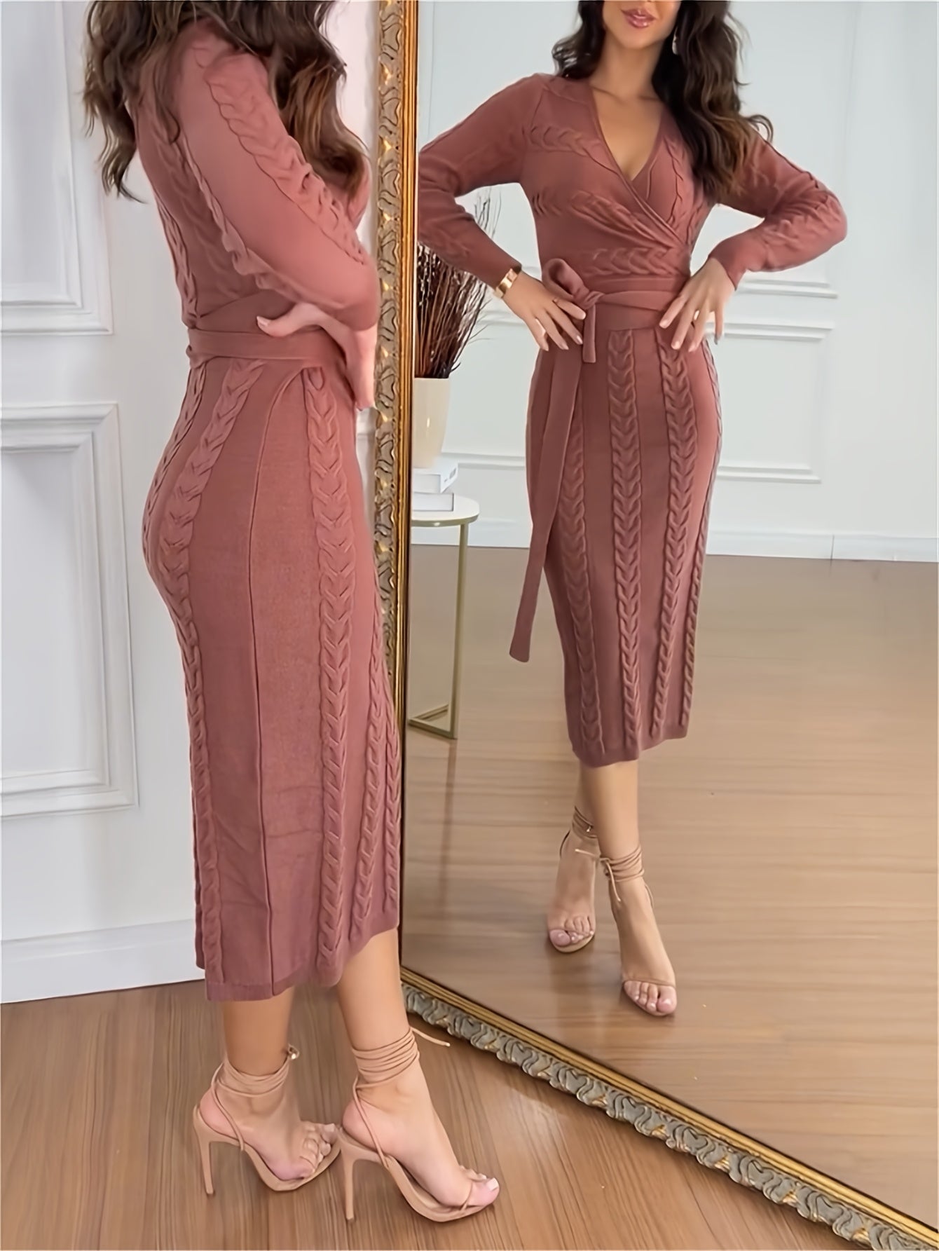 Cable-Knit V-Neck Tie-Waist Sweater Dress