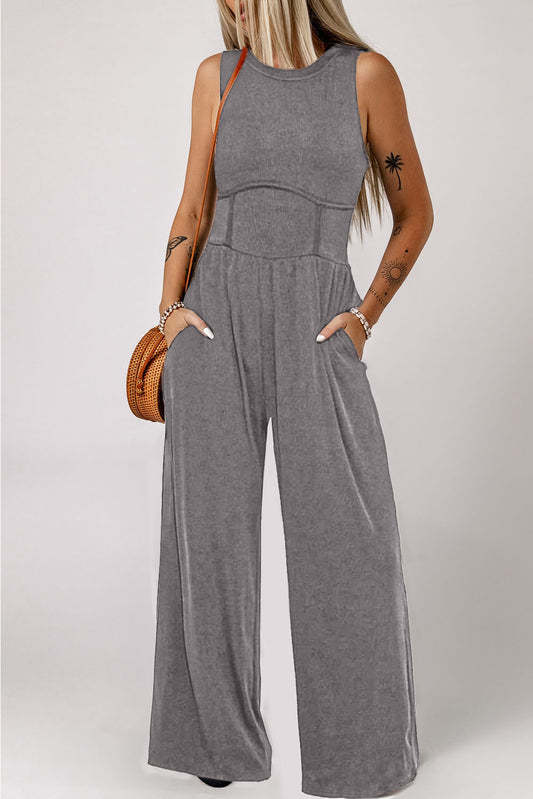 Charcoal Sleeveless Belted Jumpsuit with Pockets - Toshe Women's Fashions