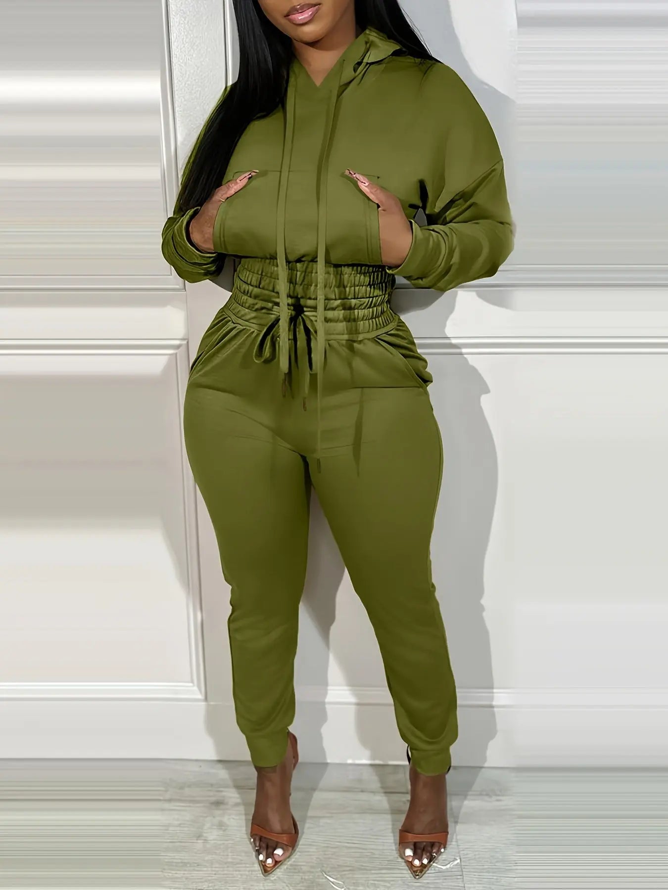 Hooded Crop Top and Shirred Waist Cuffed Jogger Set Toshe Women's Fashions