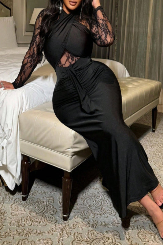 Elegant Lace Cross-Back Mermaid Maxi Dress