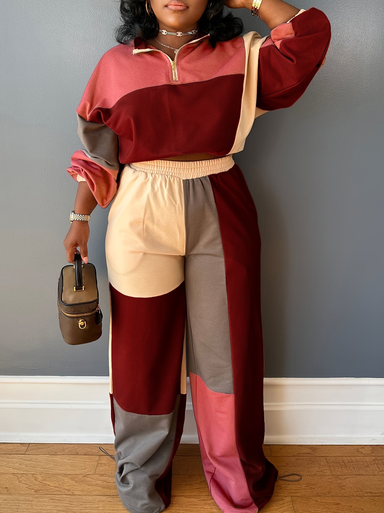 Color Block Cropped Zip Hoodie & High Waist Pants Set