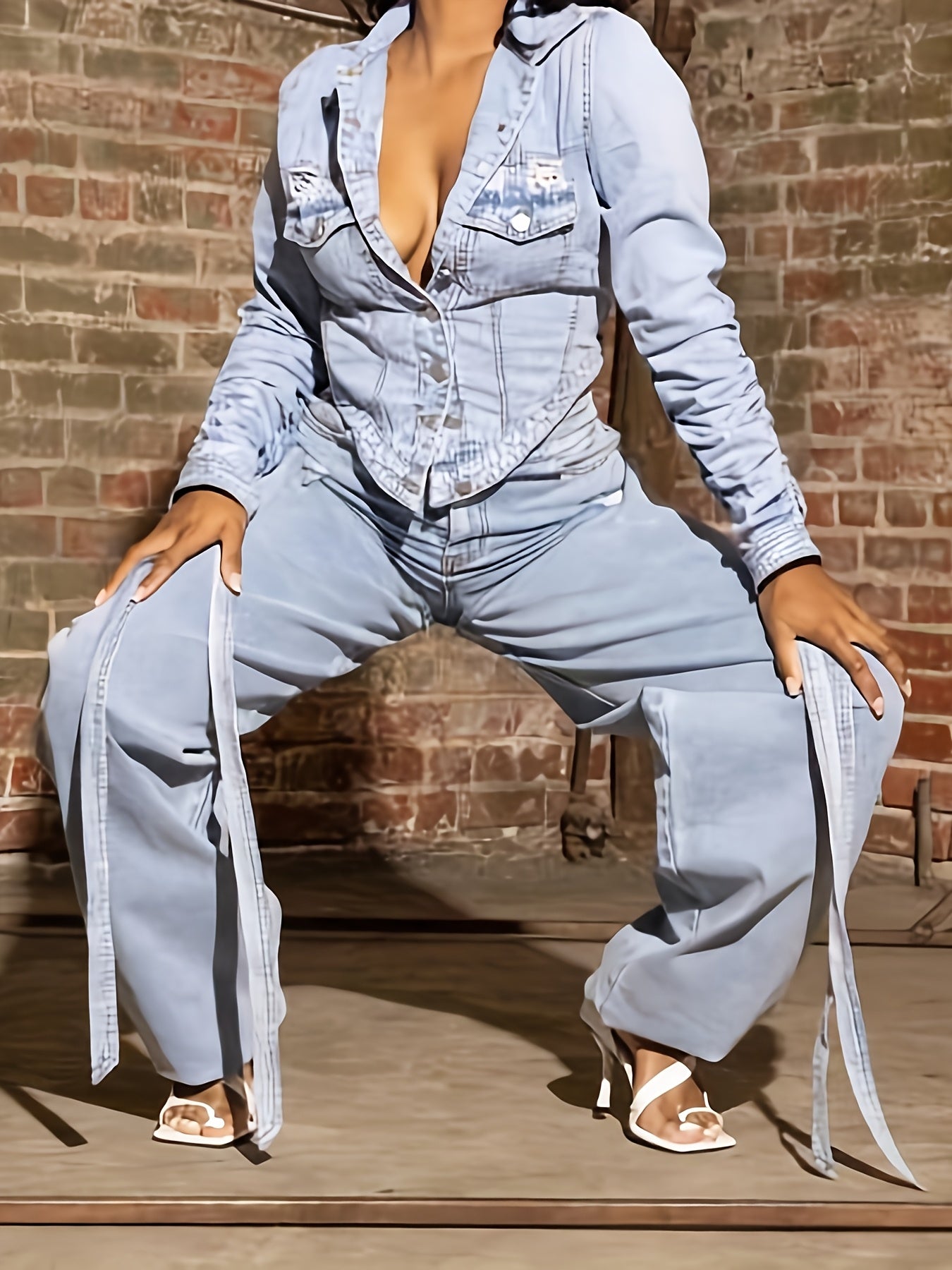 Cropped Denim Jacket with Tied Wrists & Wide-Leg Ripped Jeans Set – 2-Piece Streetwear Outfit