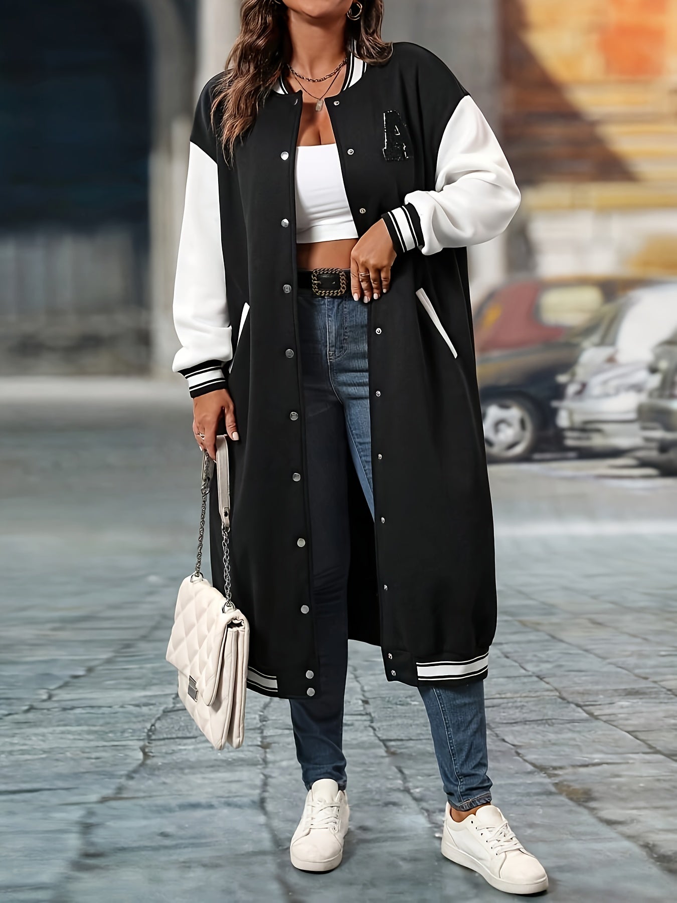 College Style Color Block Jacket – Gold Button Varsity Blazer for Women