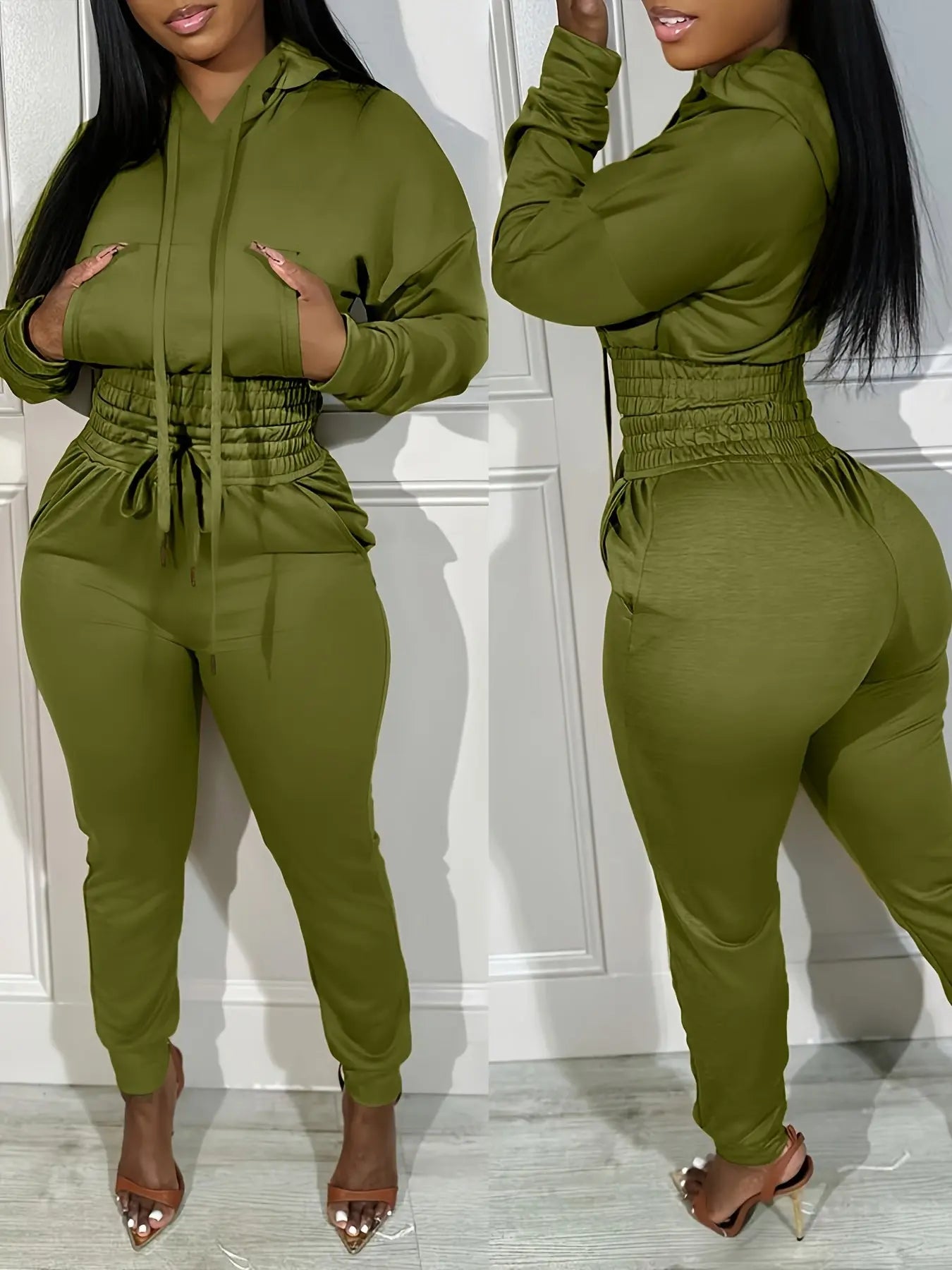Hooded Crop Top and Shirred Waist Cuffed Jogger Set Toshe Women's Fashions