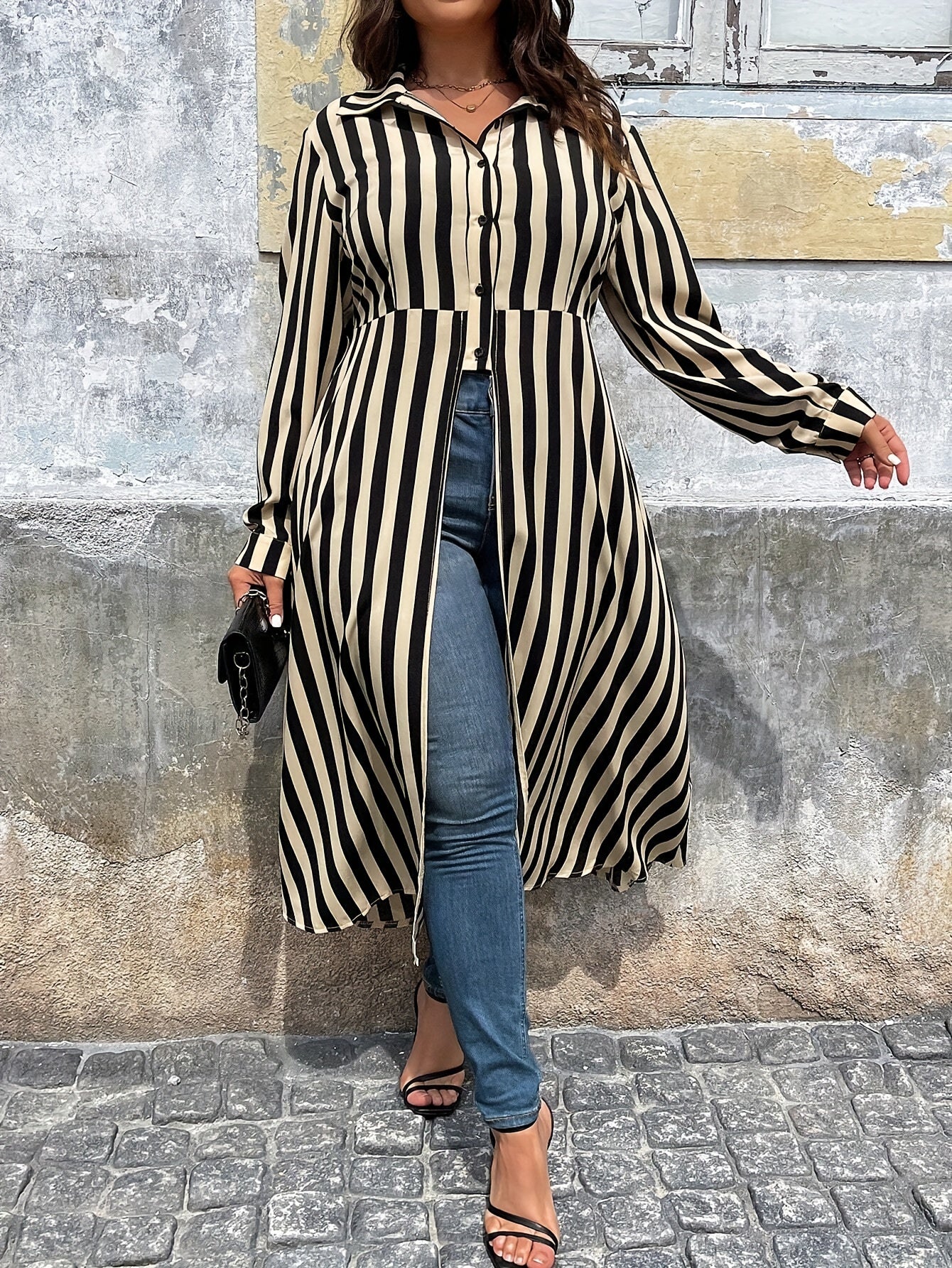 Collared Striped Button-Up Hi-Lo Blouse with Front Split