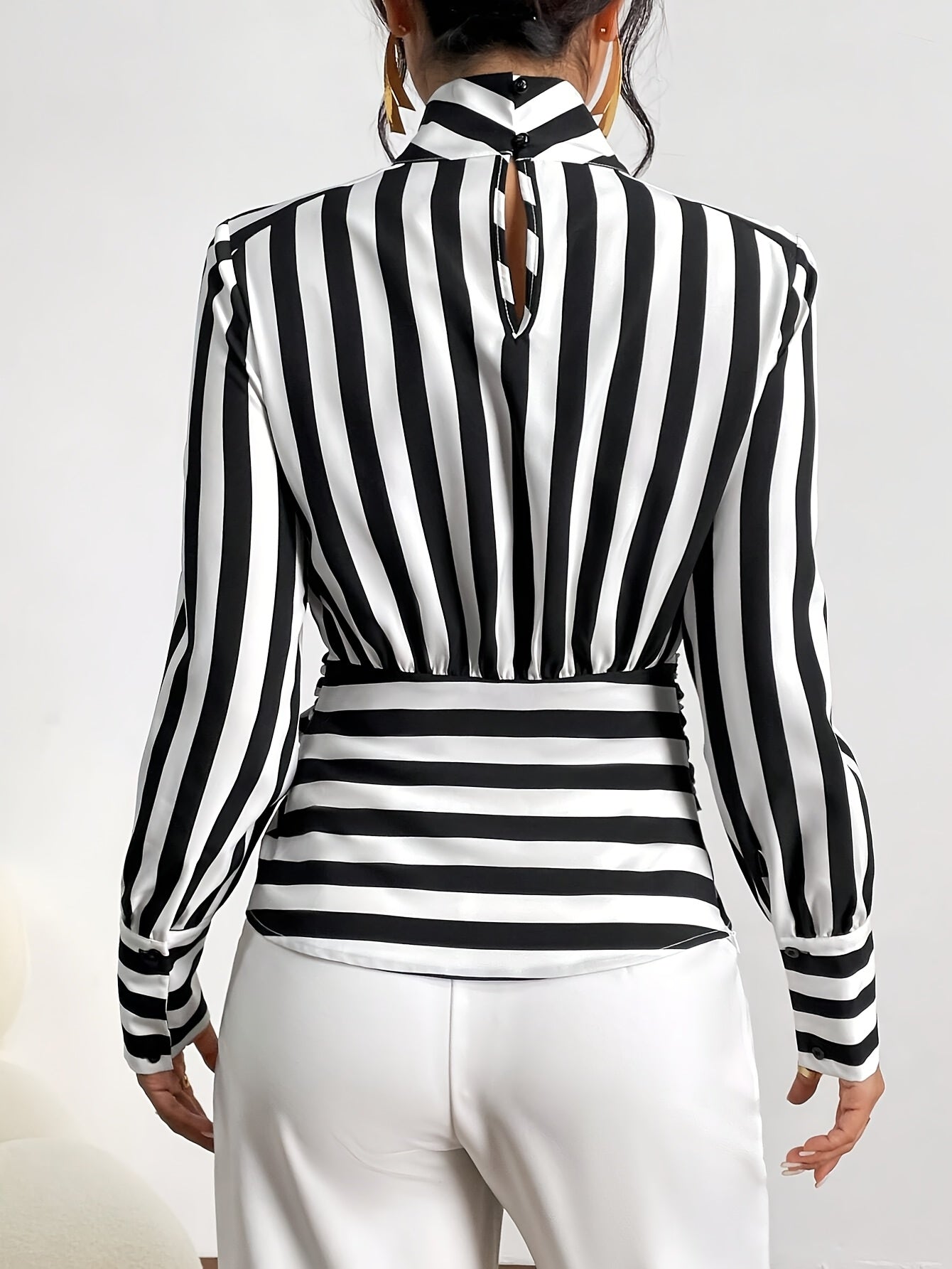 Elegant High-Neck Stripe Blouse – Adjustable Waist Tie, Long Sleeves & Smooth Fabric