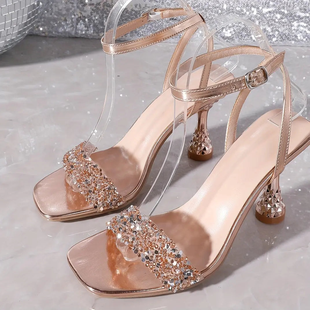 Sequins Accented Ankle Strap Square Toe Sandals Toshe Women's Fashions