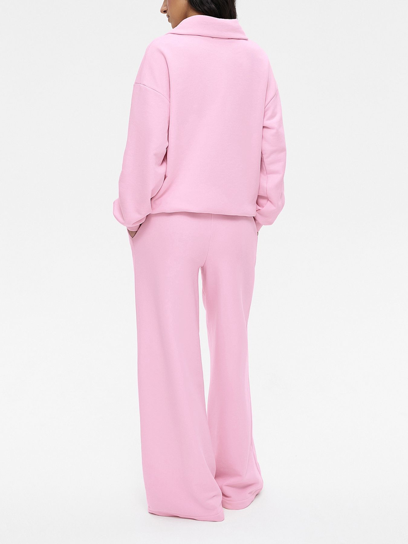 Trendsi quarter zip long sleeve top and matching pants set in neutral fabric, displayed flat on a white background.