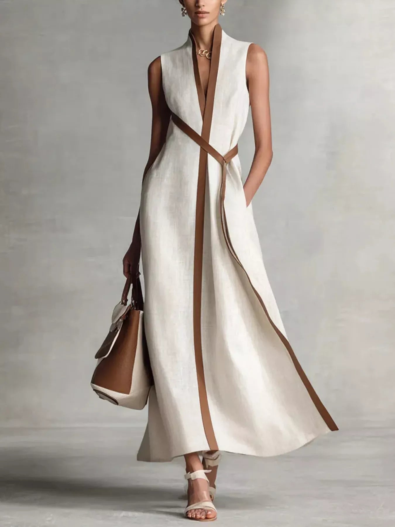 Contrast trim sleeveless maxi dress from Trendsi, featuring a flowy silhouette and stylish design, shown in the product image.