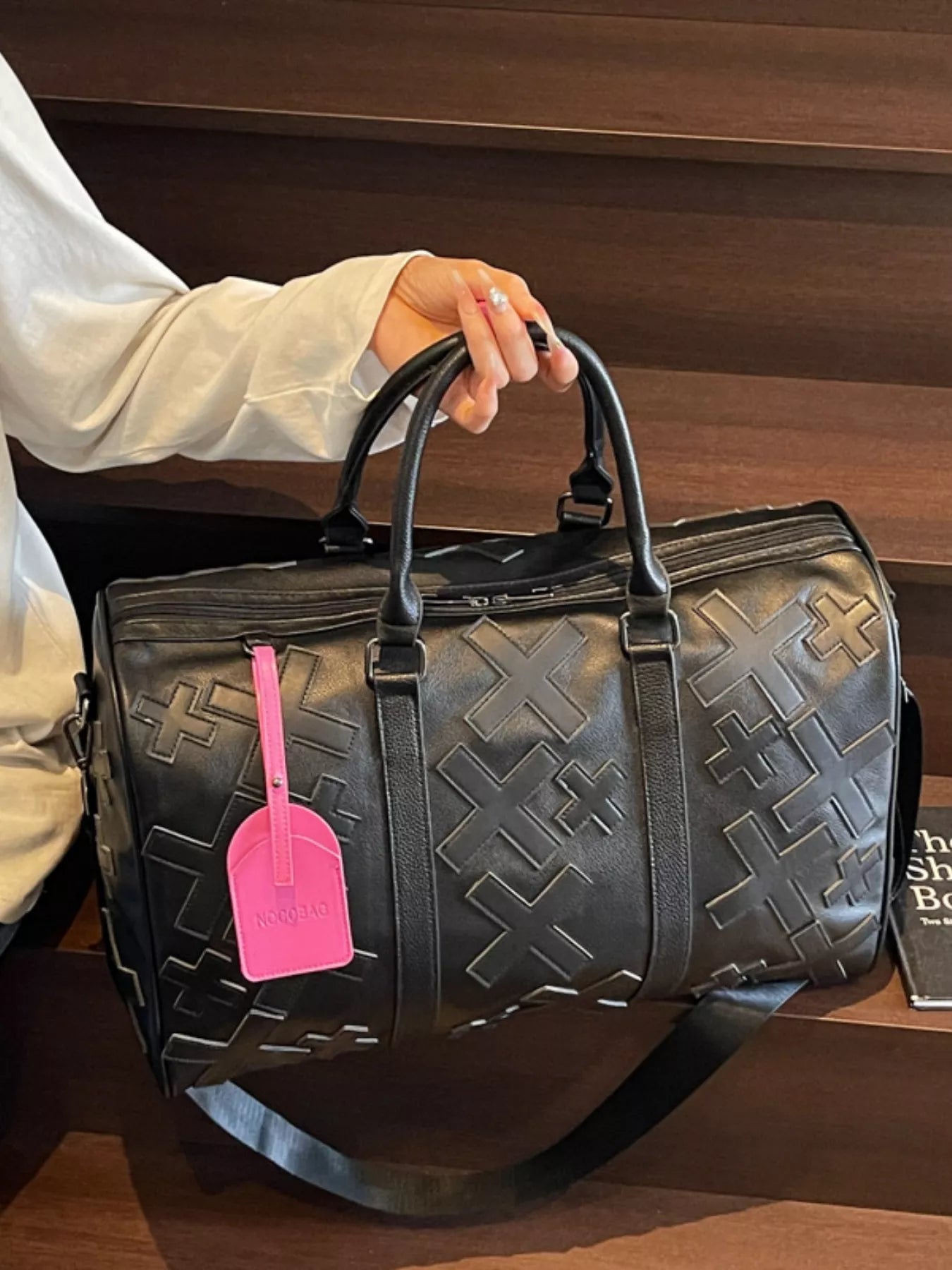 Colorful cross pattern travel duffel bag from Trendsi, featuring vibrant design, spacious hand-held style, and durable fabric.