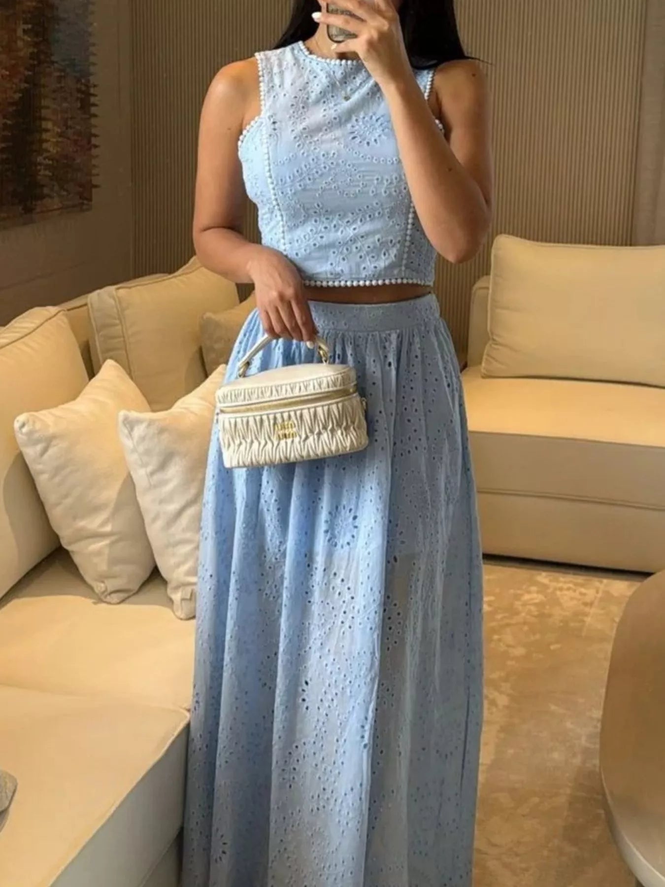 Trendsi eyelet crop top and maxi skirt set, stylish matching skirt set with eyelet details, perfect for summer wear.