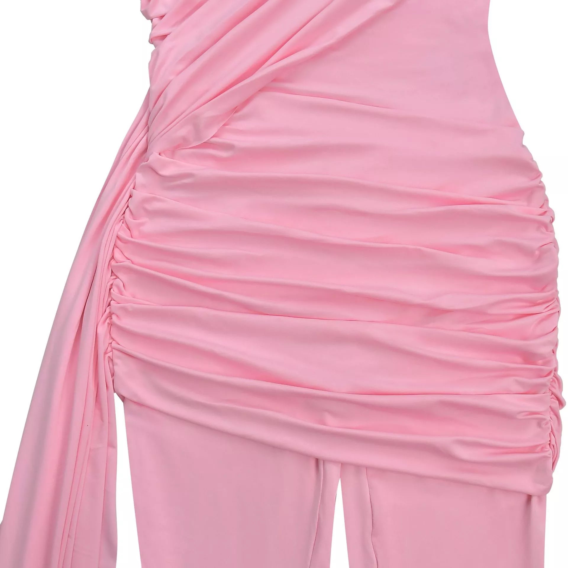 Black ruched one-shoulder flare leg jumpsuit for after 5 events, featuring a stylish and elegant design.