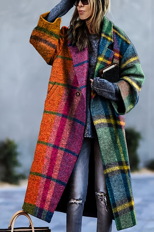 Multicolor Plaid Print Long Sleeve Lapel Overcoat