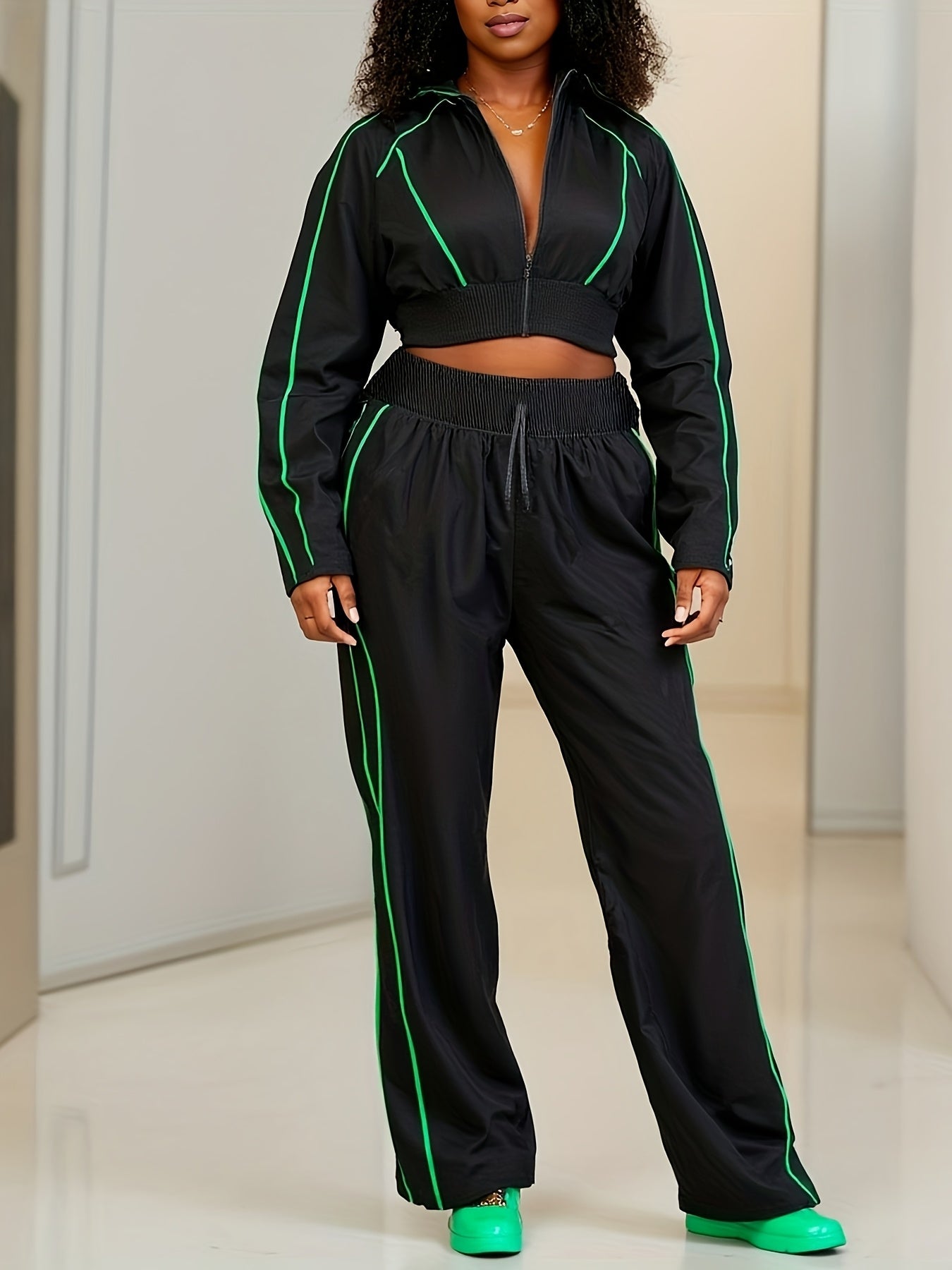 Green Piped Hooded Zip-Up Top & Side-Striped Pants Set