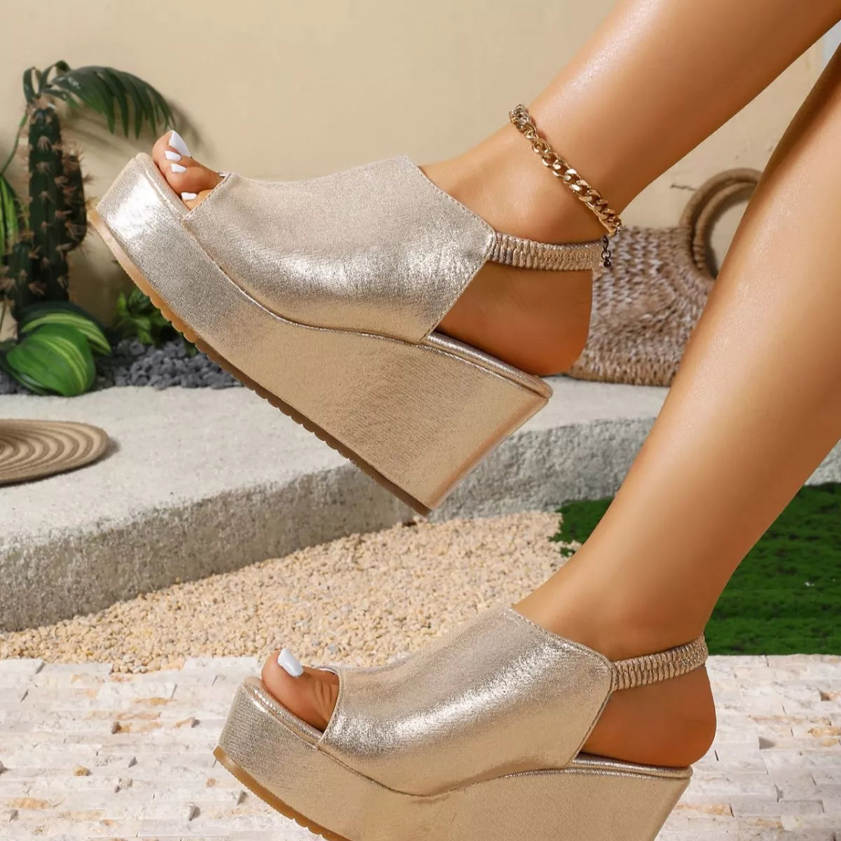 Peep toe wedge sandals by Trendsi featuring open toe design, chunky heel, and stylish ankle strap for casual and dressy wear.