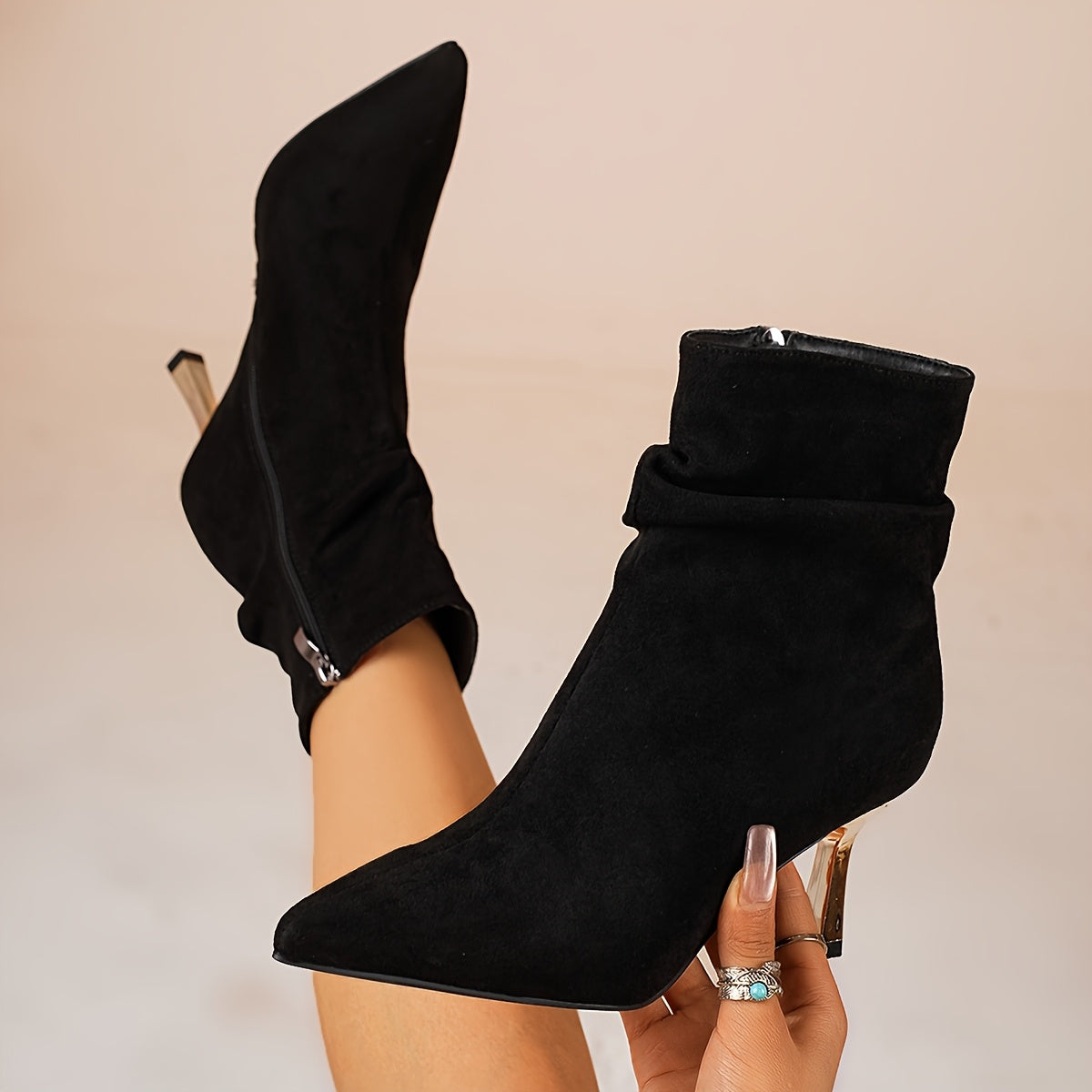 Faux Suede Stiletto Gold Heel Ankle Boots