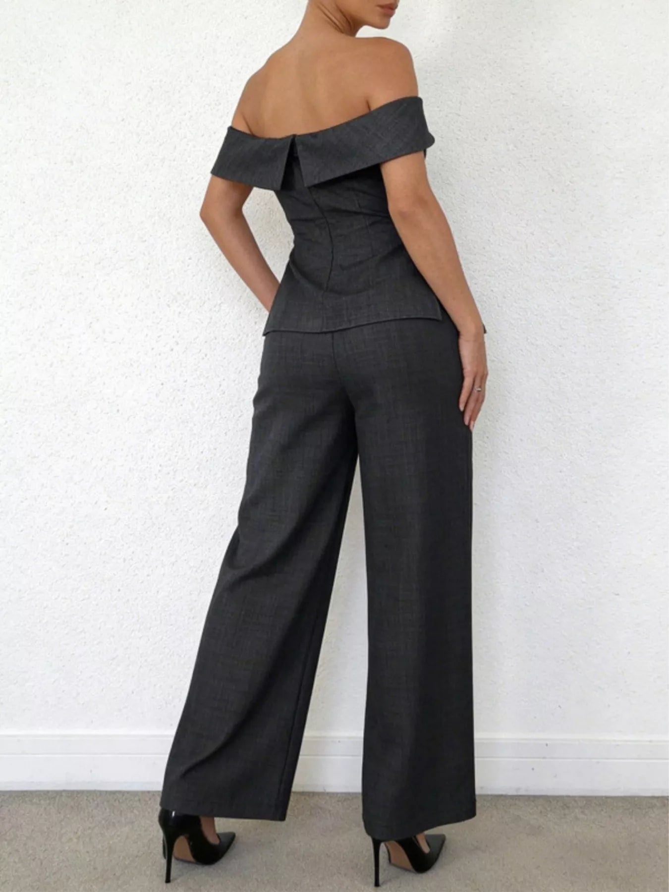 Off-shoulder top and wide-leg pants set for after 5 occasions, stylish Trendsi women's fashion ensemble.