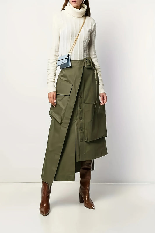 Olive Green Cargo Skirt with Multiple Pockets – Trendy Utility Street-Style