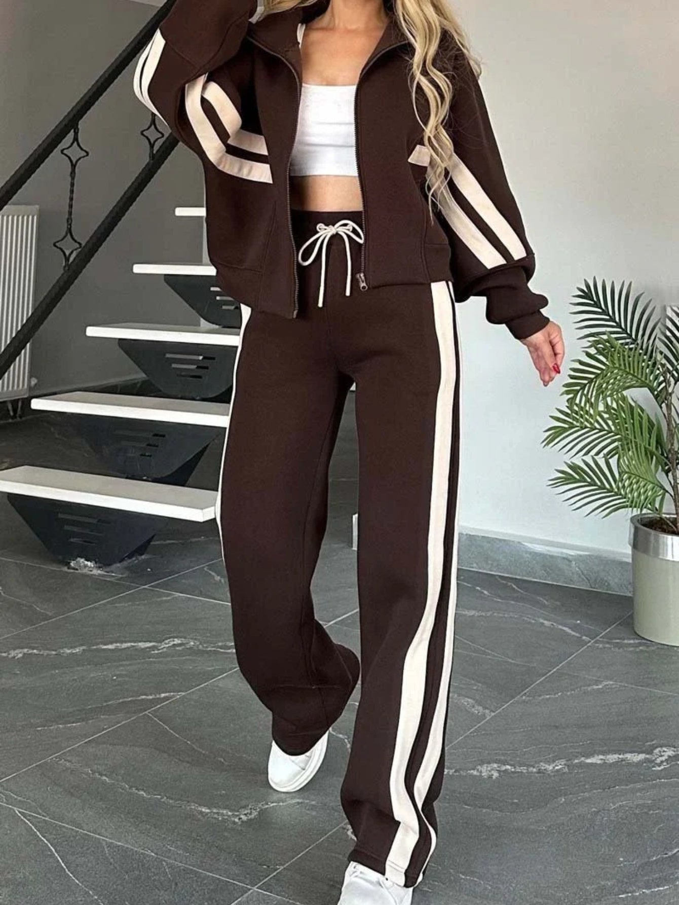 Striped Zipper Jacket and Pants Set