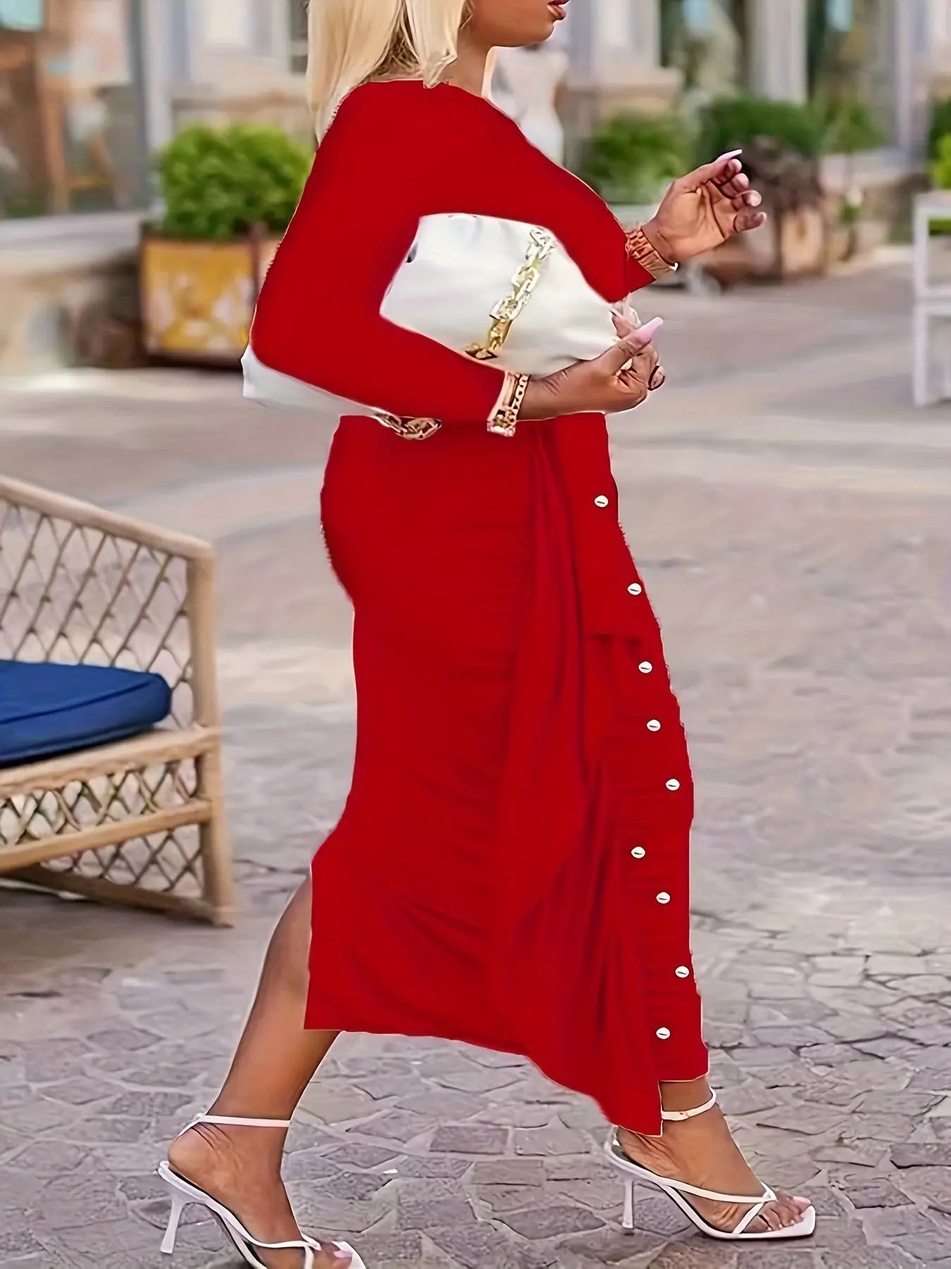 Plus-Size Elegant Pearl Embellished Asymmetrical Hemline Long Sleeve Dress Toshe Womens Fashion