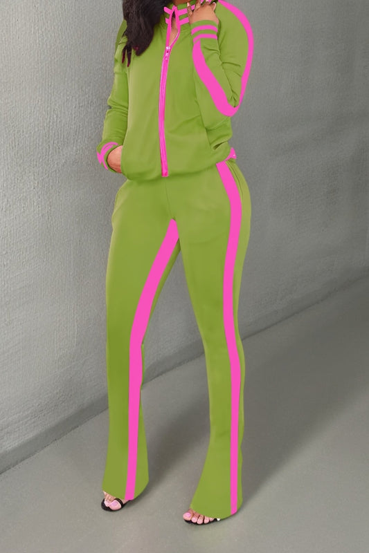 Women’s Pink & Green Zip-Up Jacket + Striped Bell Pants Set