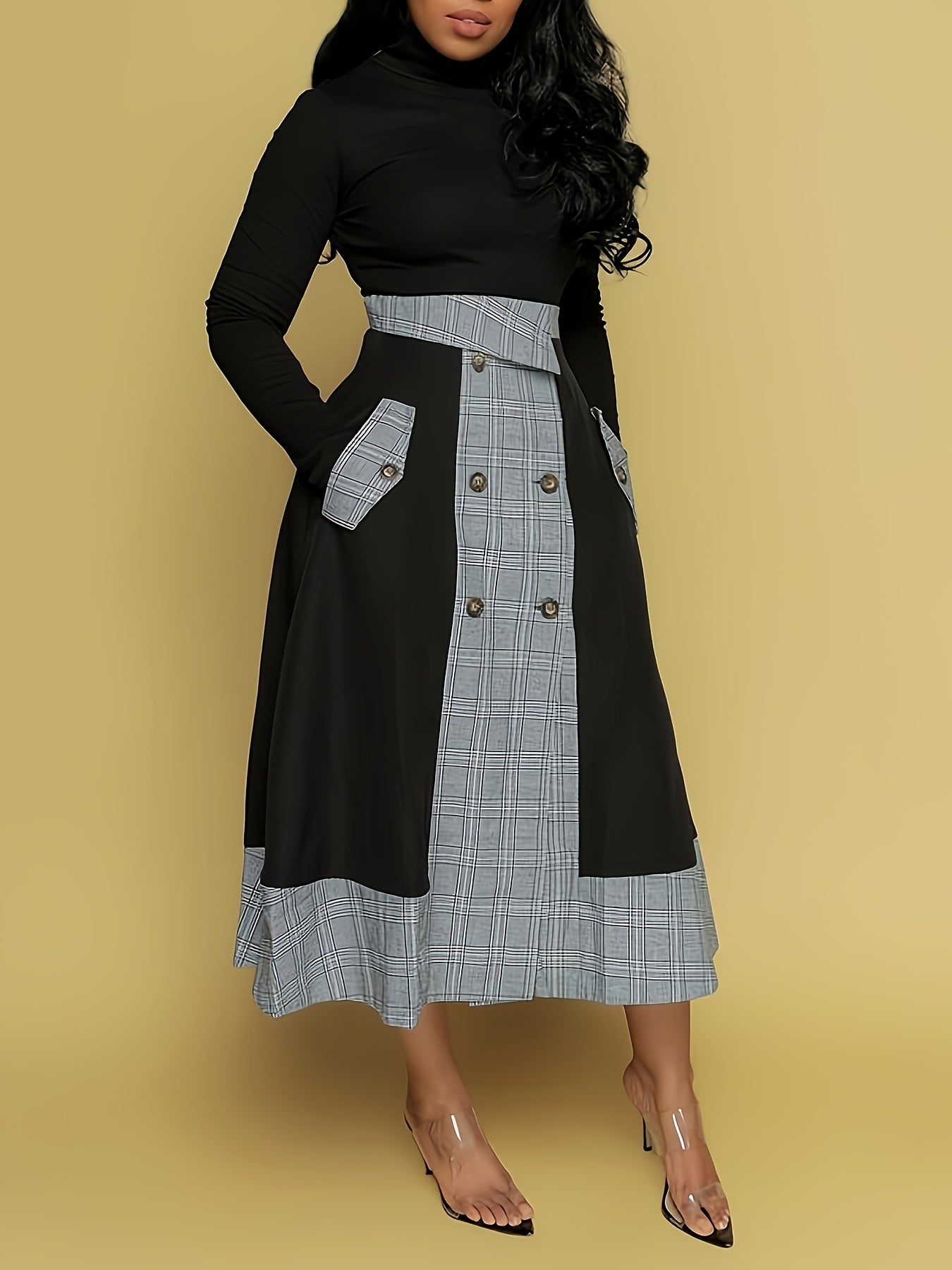 Mock Neck Long Sleeve Top & Plaid Skirt Set – Chic Two-Piece Outfit
