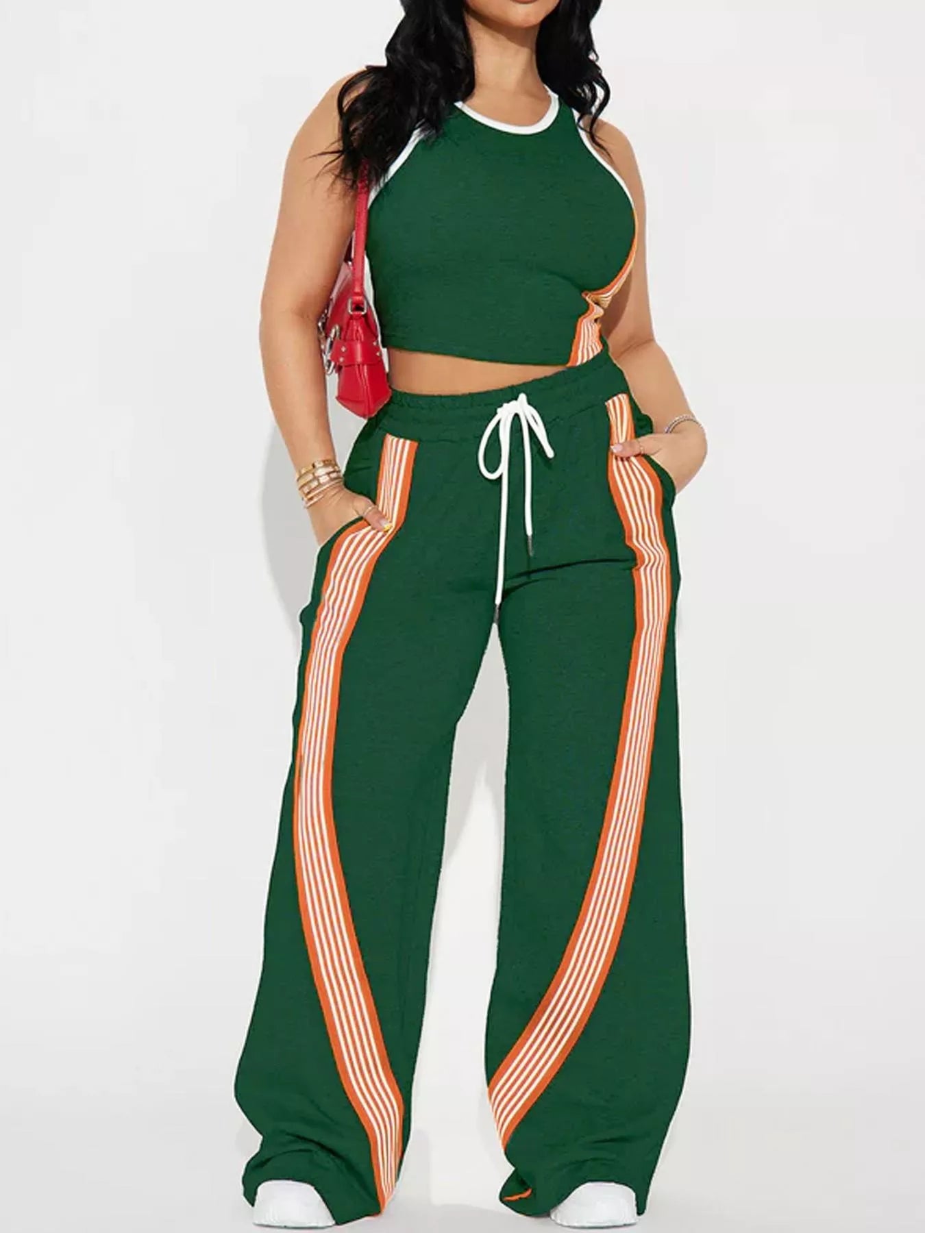 Trendsi striped detail top and drawstring pants set, stylish 2-piece outfit with bold stripe accents and comfortable fit.