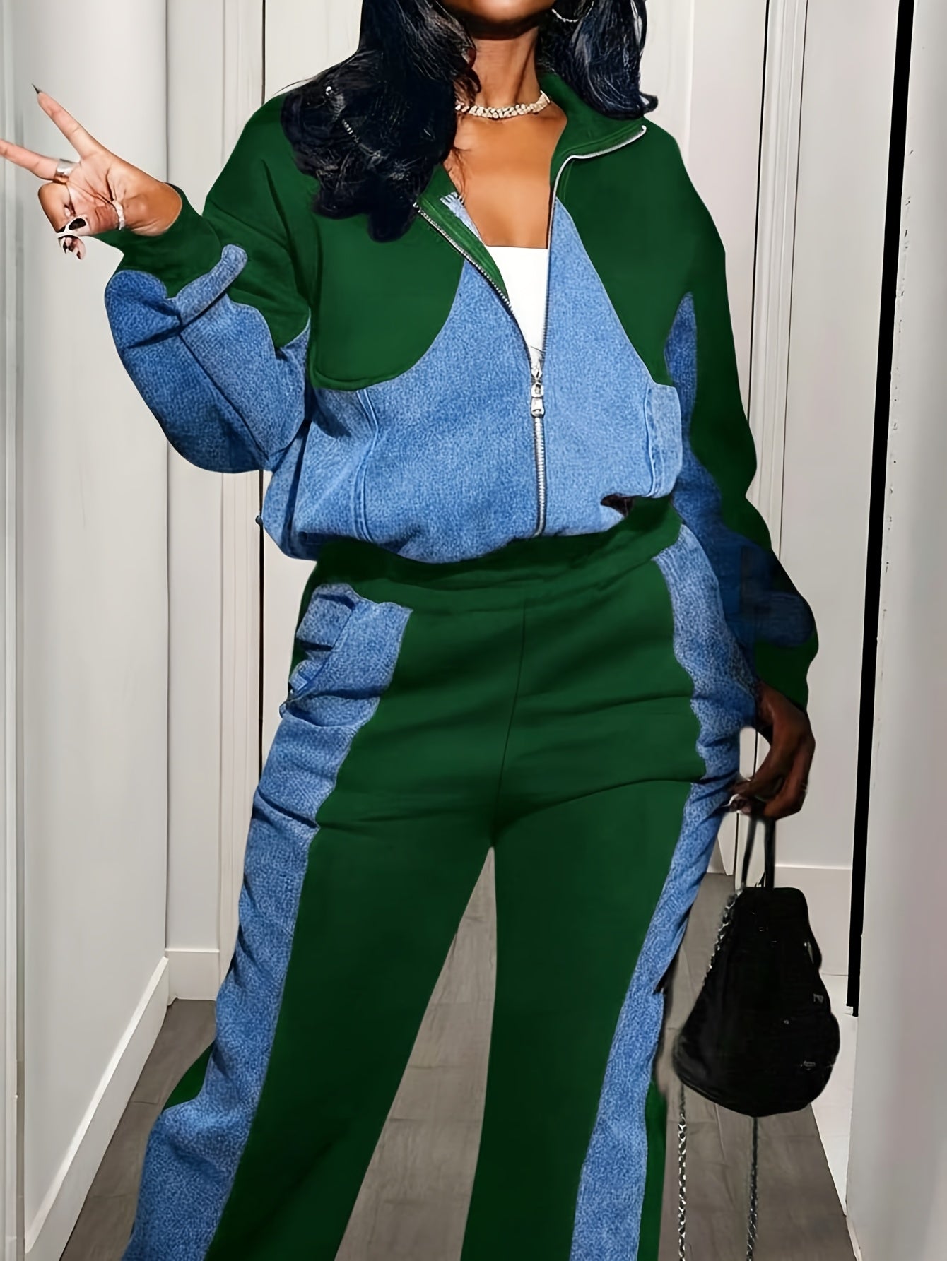 Color Block Zip Up Jacket & Wide Leg Pants Set