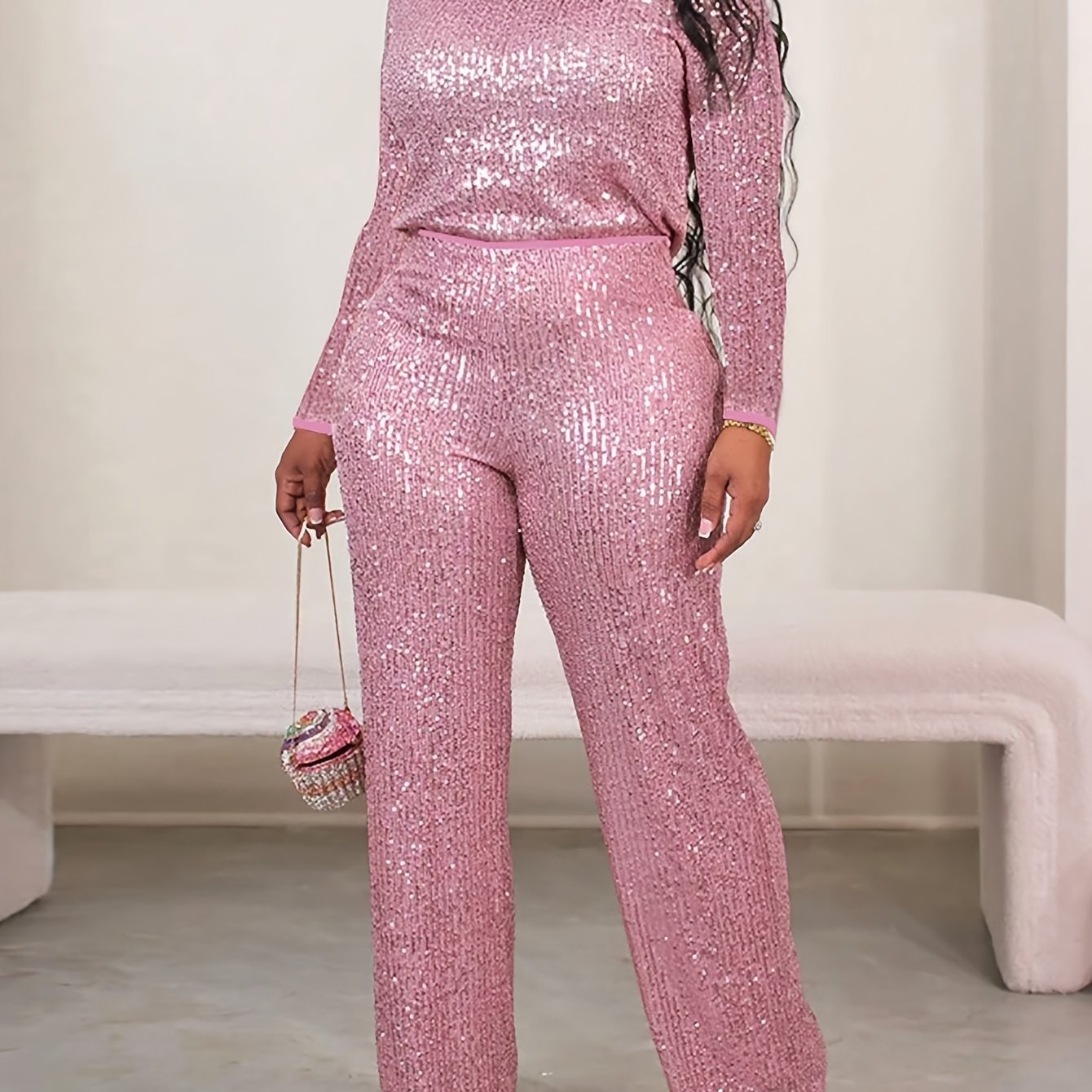Sequin Crew Neck Top & Wide-Leg Pants Set – Elegant Party & Evening Outfit