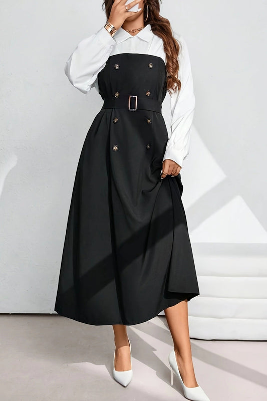 Black & White Chic Shirt Collar Belted A-Line Dress