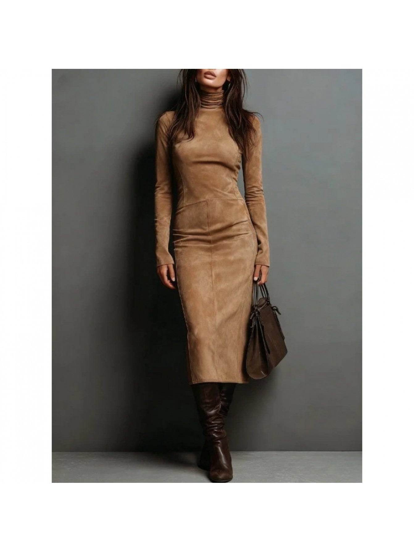 Faux Suede Bodycon Dress with High Neck