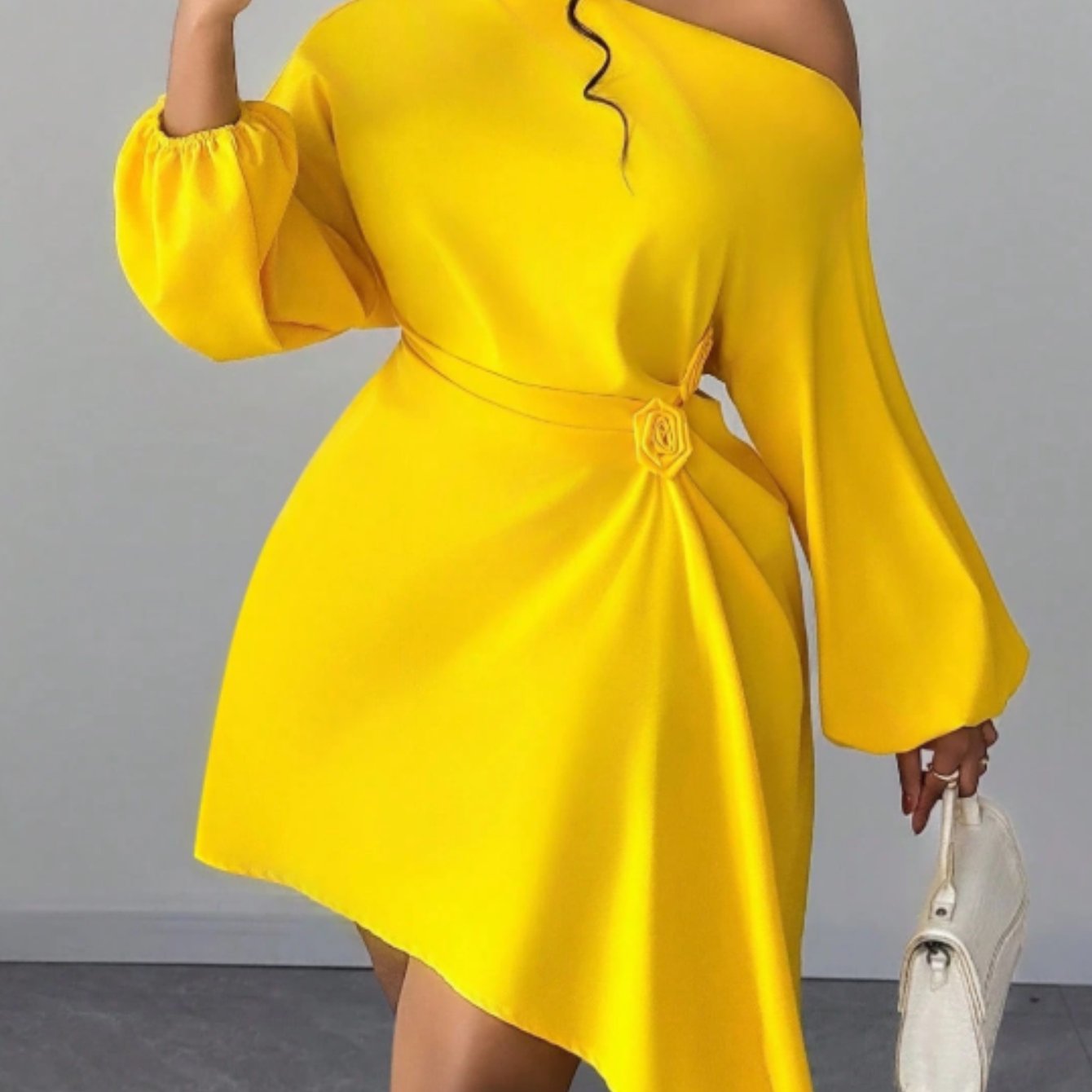 Bright Yellow One-Shoulder Balloon Sleeve Dress