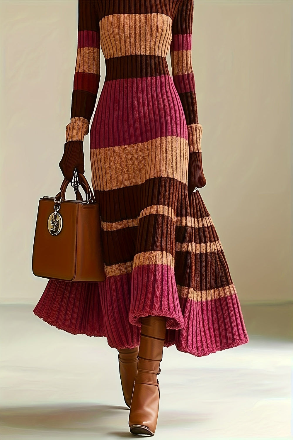 Color Block Ribbed Knit Turtleneck Dress – Sleek, Cozy & Bold