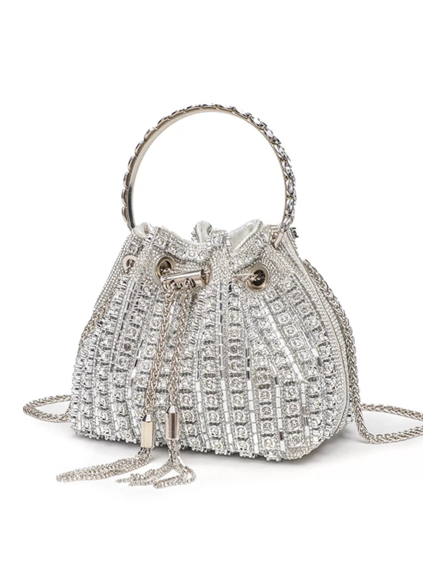 Rhinestone embellished Trendsi bucket crossbody handbag with sparkling details and adjustable strap on a white background.