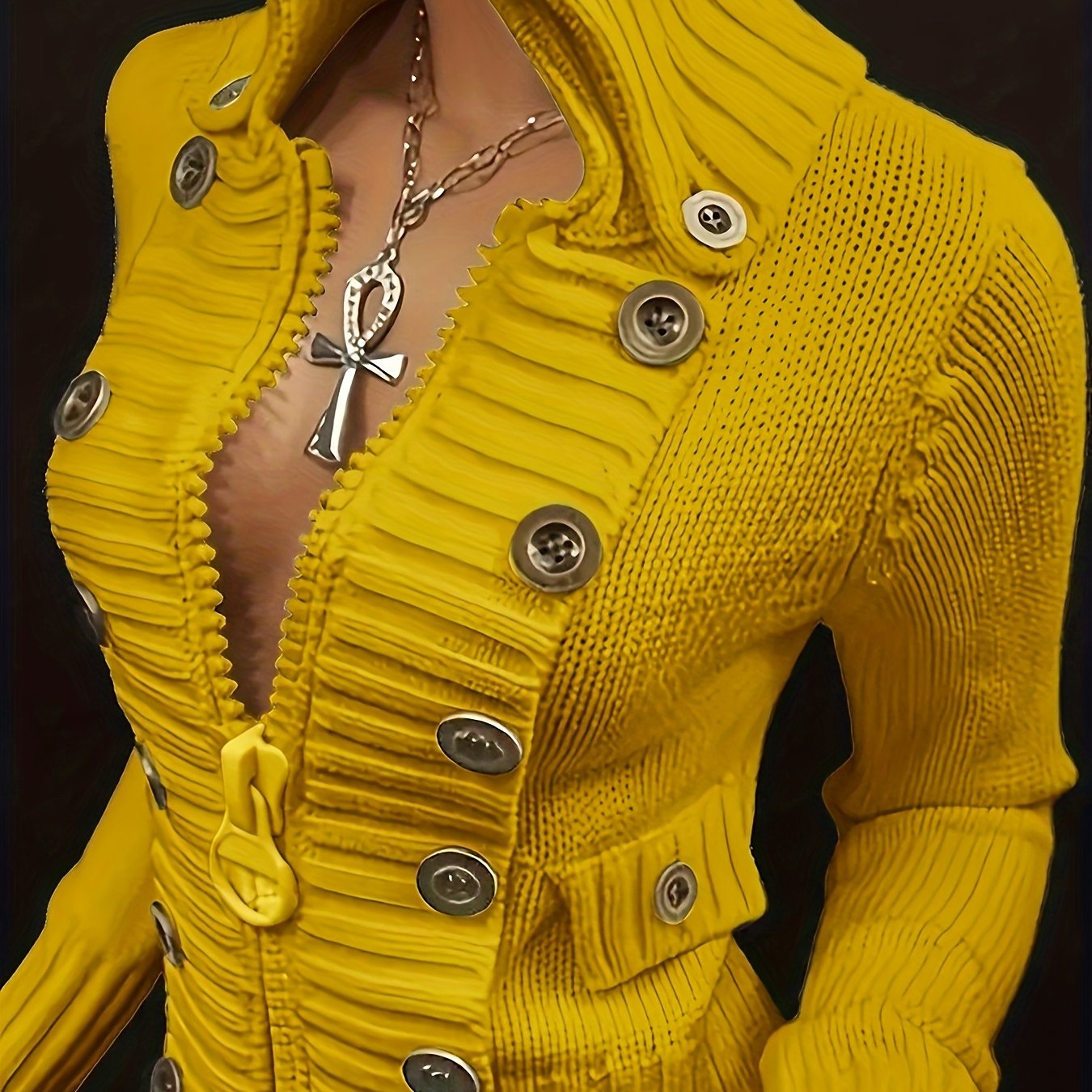 Slim Fit Cropped Cardigan with Statement Zipper & Decorative Buttons