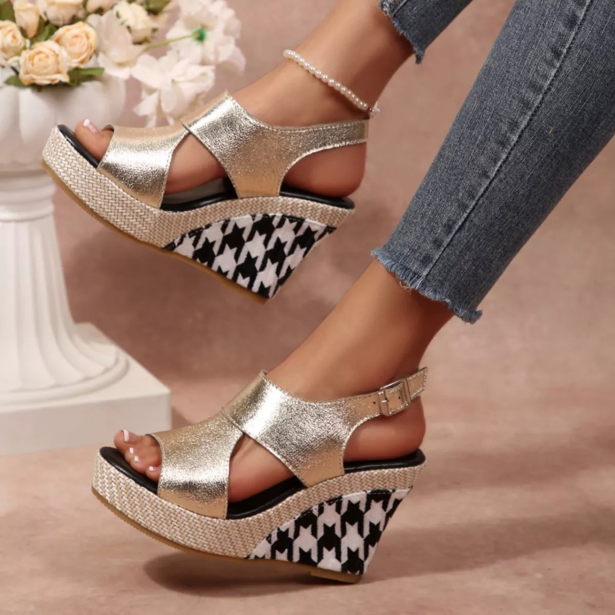 Open toe wedge sandals by Trendsi featuring a stylish design with a comfortable wedge heel and open toe style.