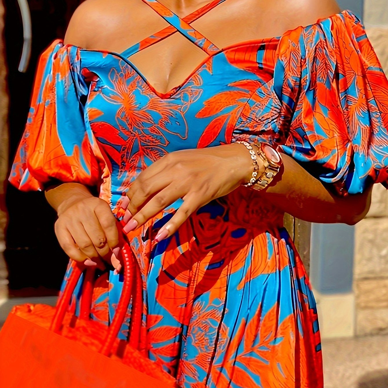 Tropical Print Criss Cross Mini Dress