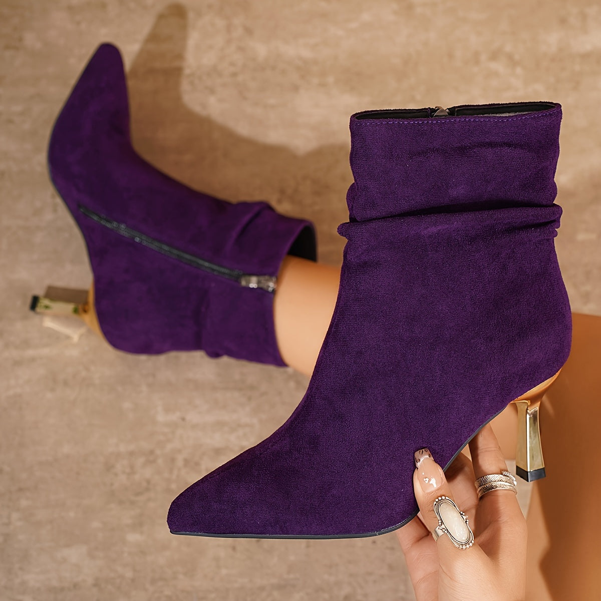 Faux Suede Stiletto Gold Heel Ankle Boots