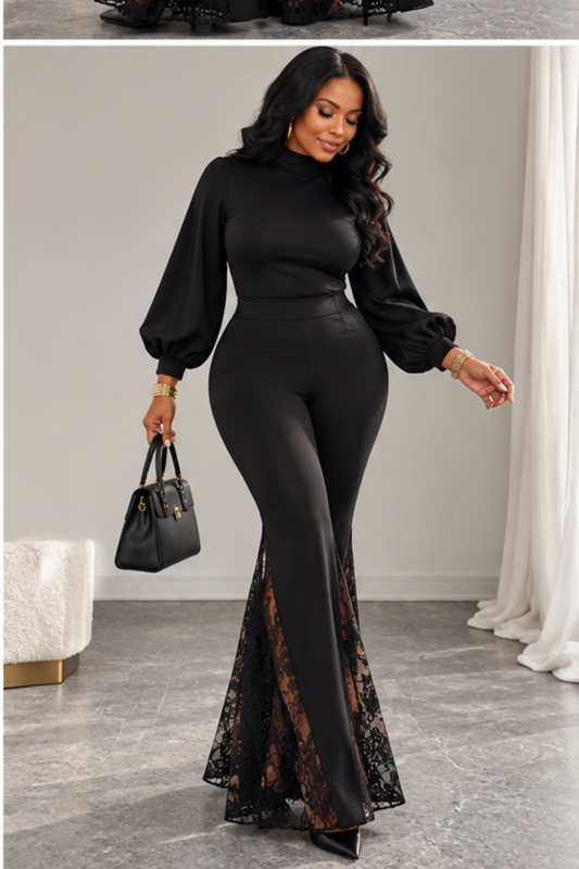 Lace Hem High-Waisted Flare Pants