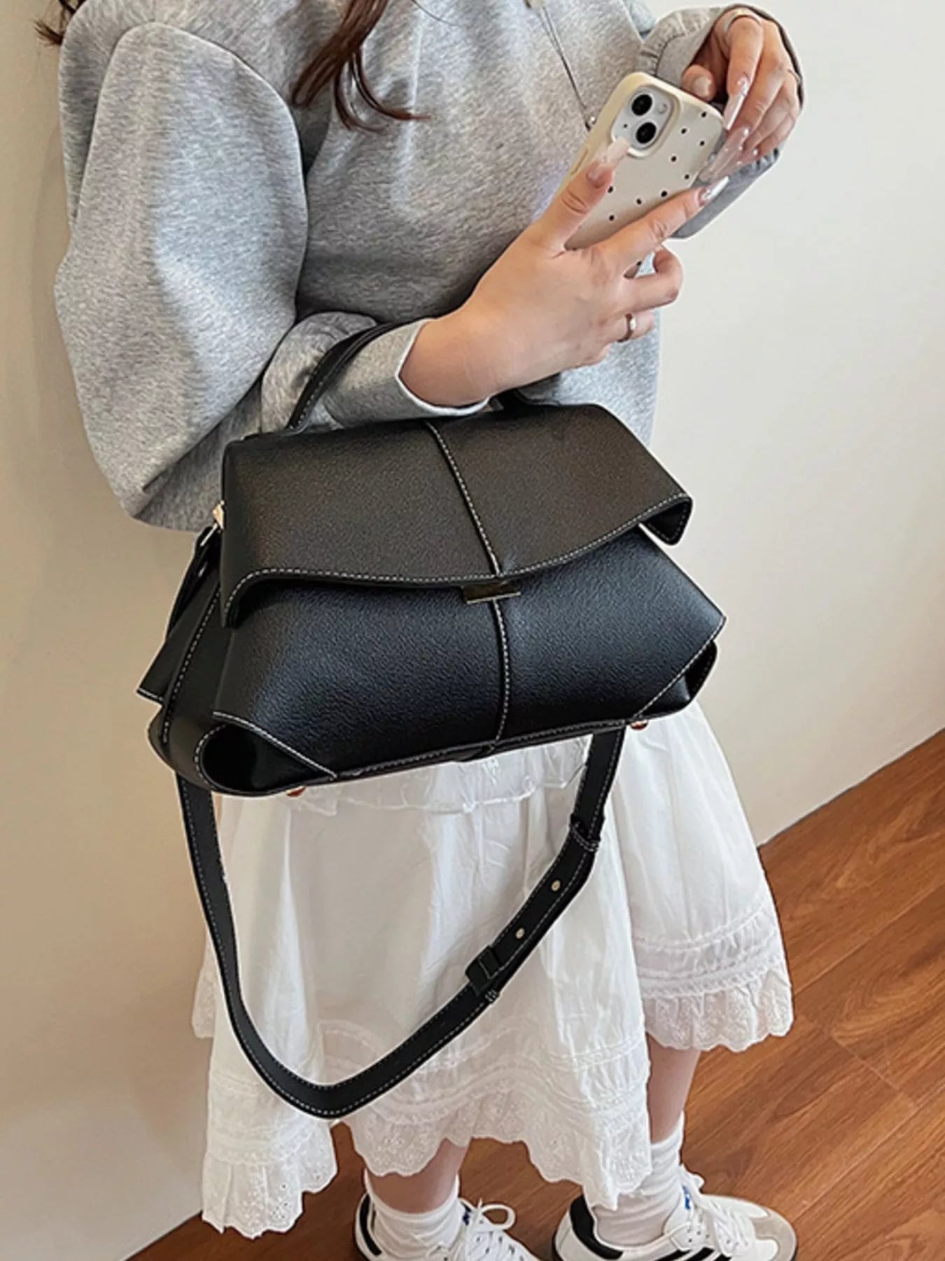 Geometric Flap Shoulder Bag by Trendsi, stylish handbag with structured design and flap closure, perfect for casual or evening wear.