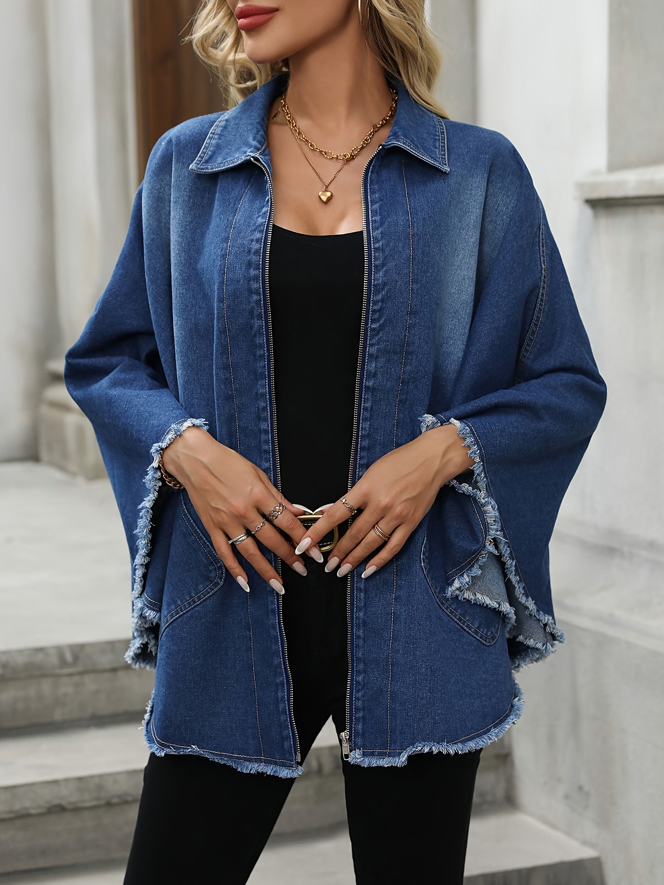 Denim Zipper Cloak Top